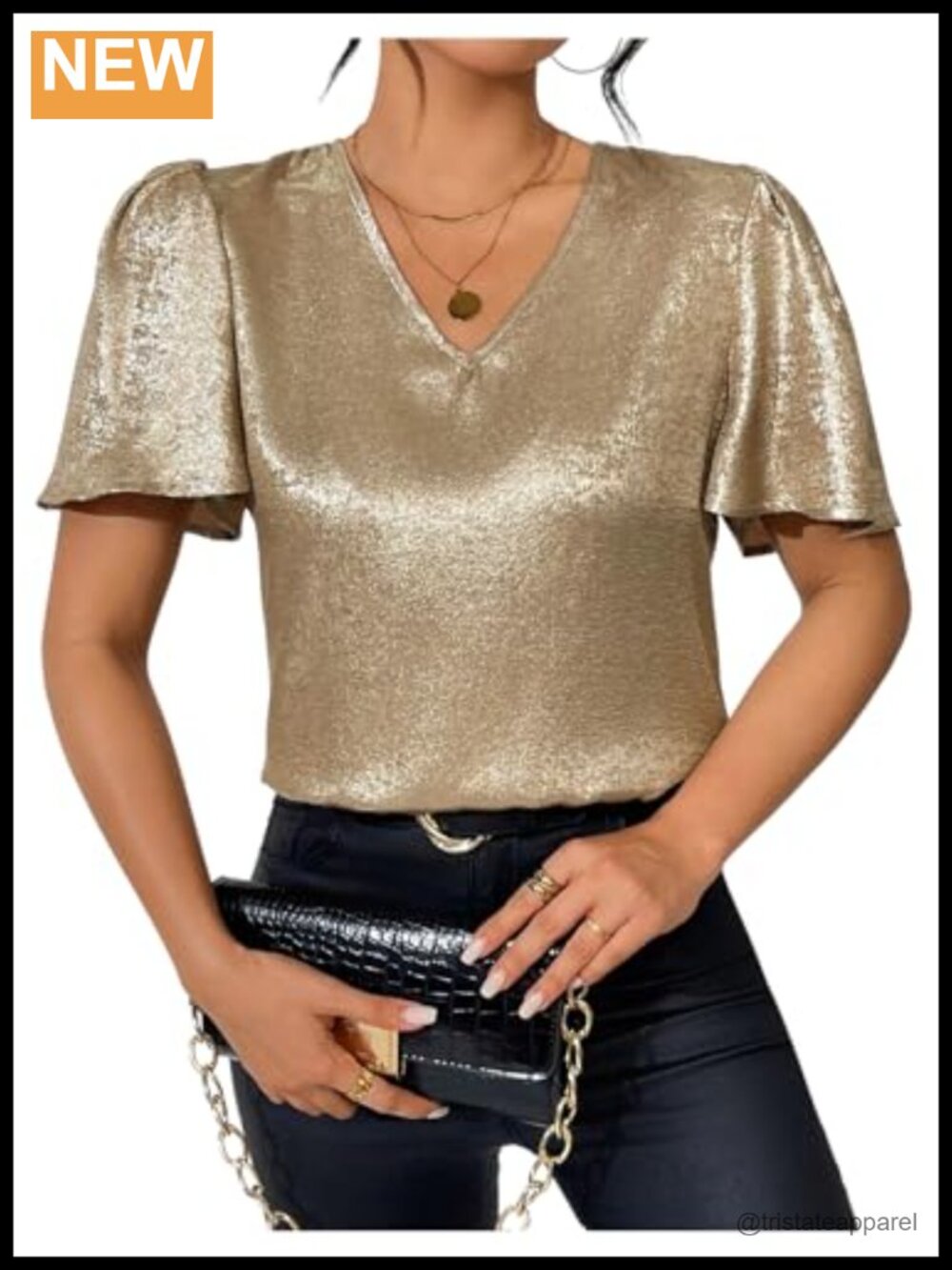 Metallic Flounce Sleeve V-Neck Blouse Short Sleeve Party Top